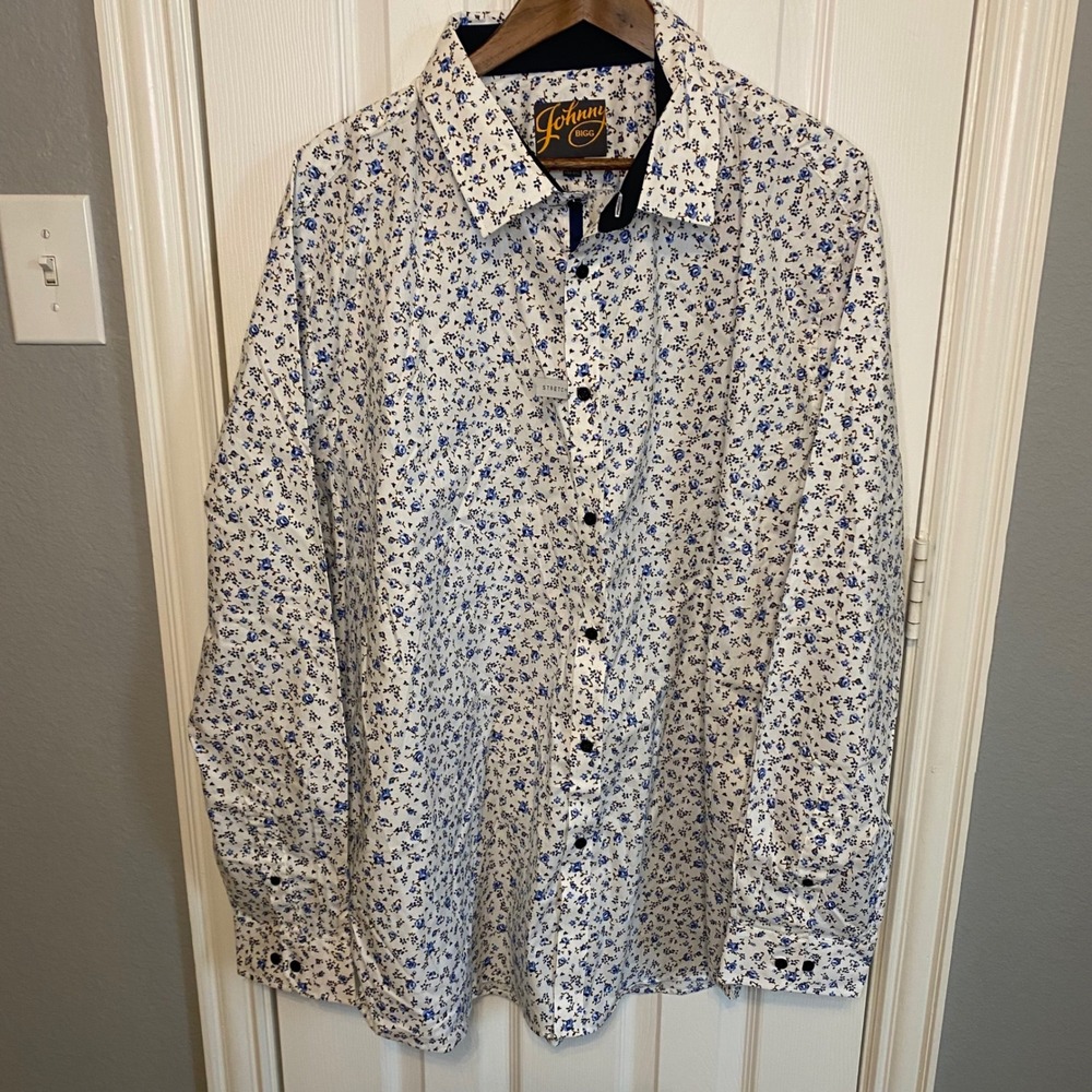 Johnny Bigg Mens 4XL White Blue Floral Print Long Sleeve Button Down‎ Shirt